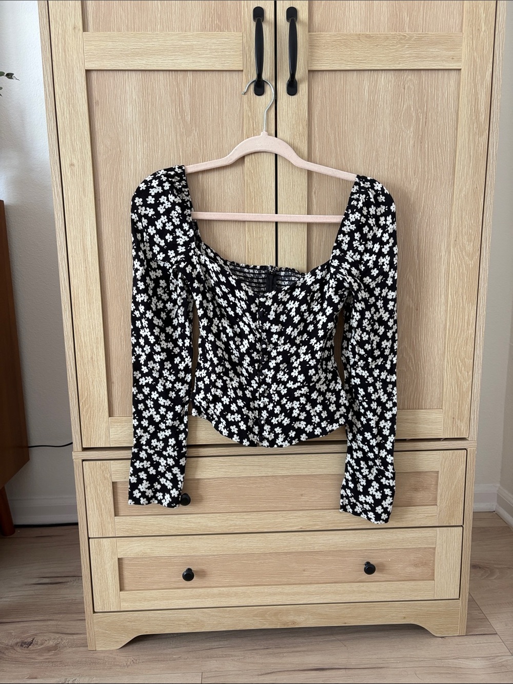 Reformation Black Floral Square-Neck Long Sleeve Blouse